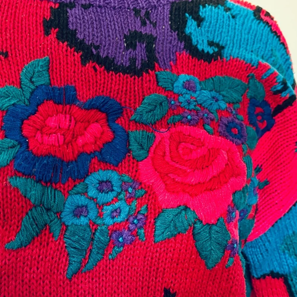Vintage 80s Needleworks Sz L Floral Hand Knit Women's Sweater - Picture 6 of 10